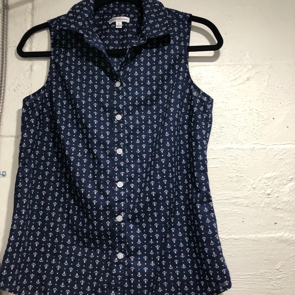 Navy Anchor Print Collared Button Up Top Small - Picture 1 of 4